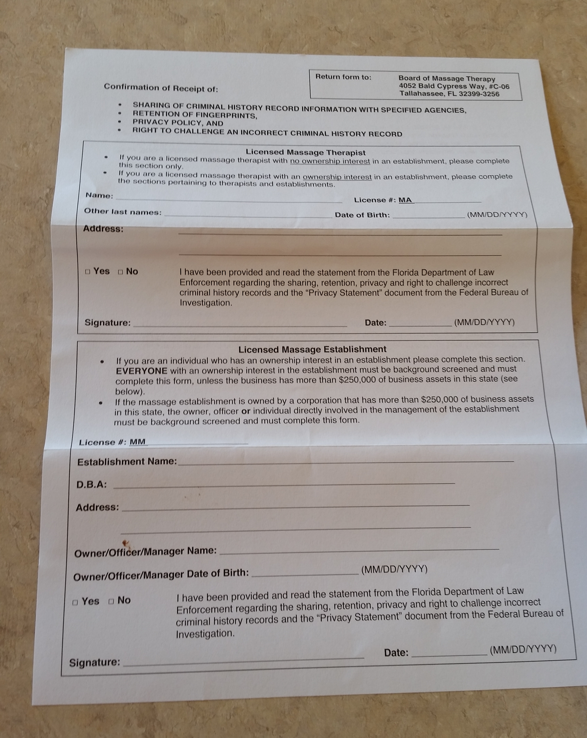 Massage Establishment Ownership Information Form